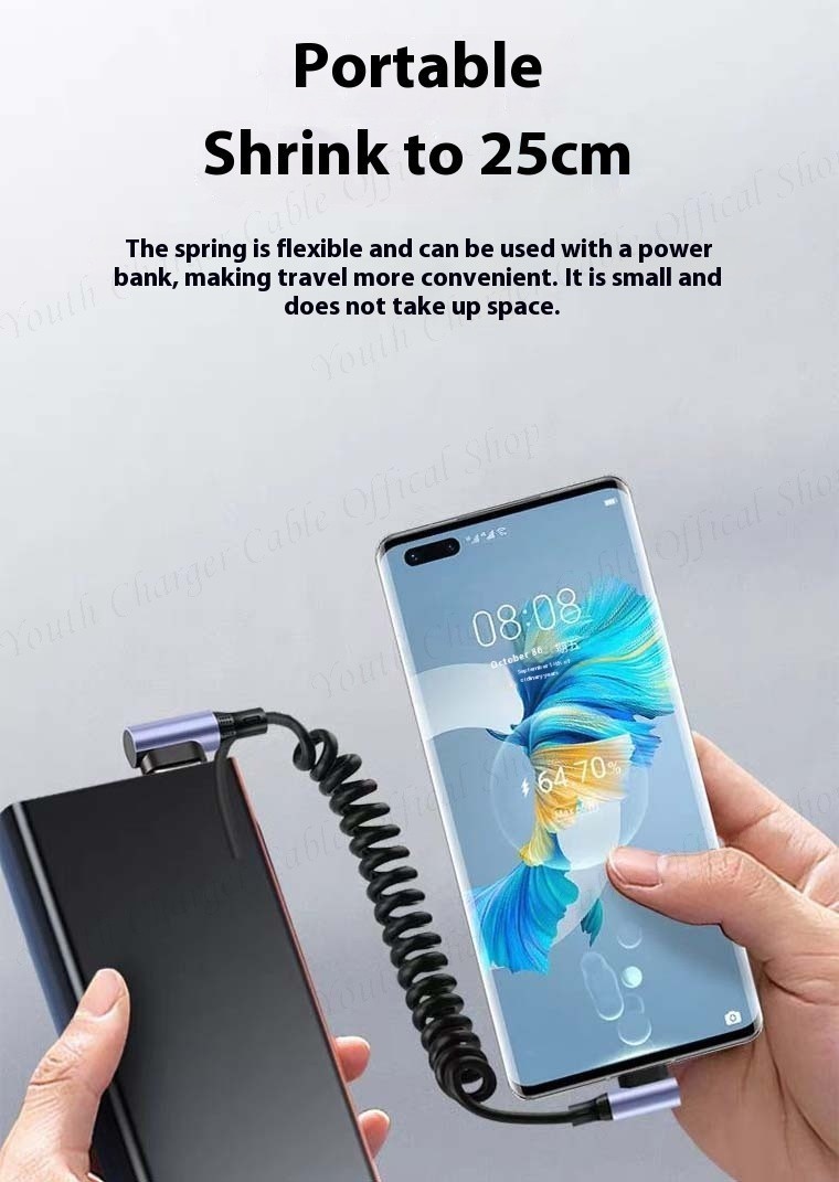66W Fast Charging Car Data Cable 90 ° Elbow USB/C to Type C Spring ...