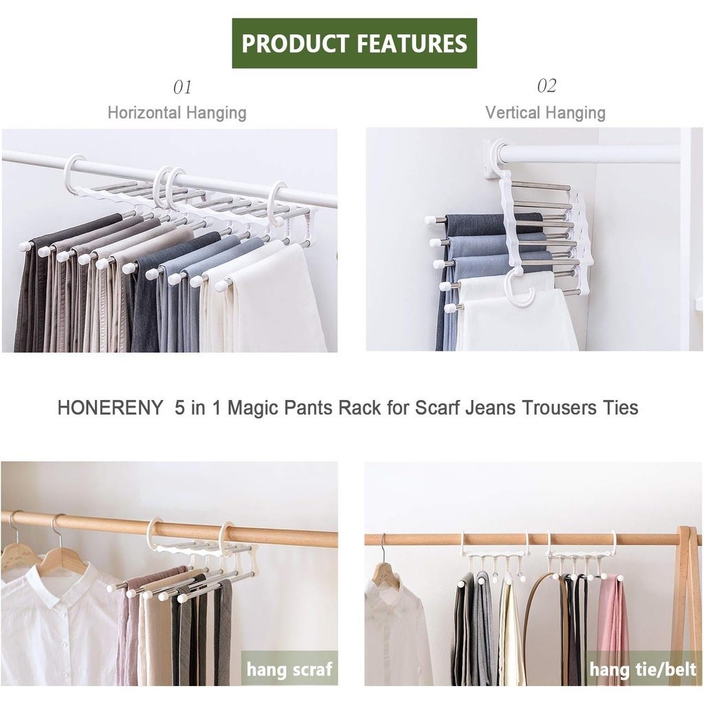 5 Layer Clothes Hanger Organizer Rack Foldable Pants Hanger Heavy Duty Closet Storage Solution ...