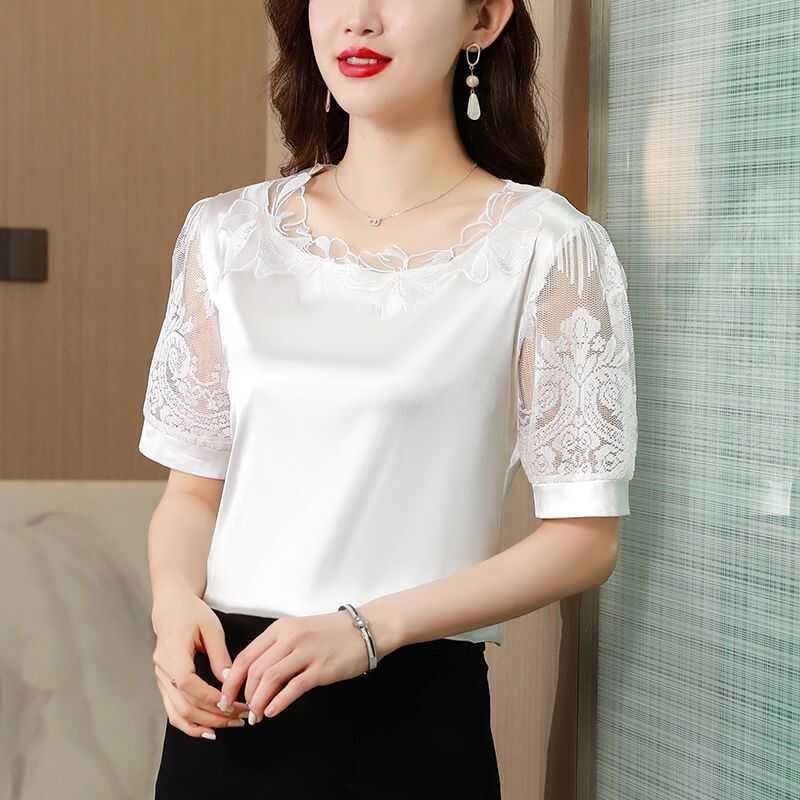 Kababaihan Satin Shirts Summer New Solid Base Lady Blouses Lace 