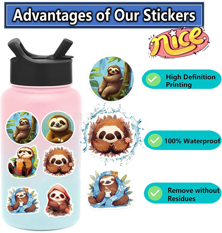 Cute Sloth Stickers for Hydroflask Laptop, 50pcs Waterproof Sloth ...