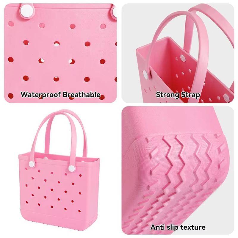 Mini Rubber Tote Bag, EVA Waterproof Beach Tote For Little Girls Woman Silicone Hole Small Beach Tote Travel Outdoor Cute Rubber Beach Bag 20 Charms Adjus