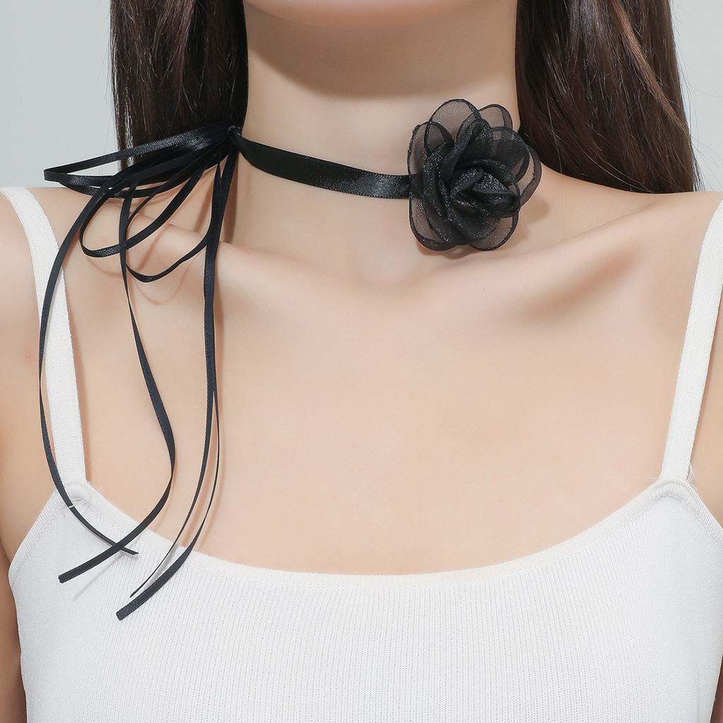Sexy Lace Camellia Choker Retro Black Dinner Party Big Flower Lace ...