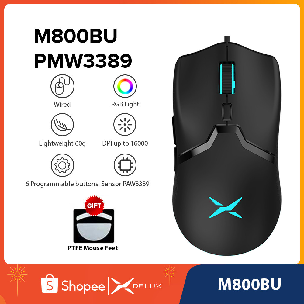 Delux M800 Ultra-Light Pmw 3389 16000Dpi Wired Gaming Mouse 58G RGB 6 ...