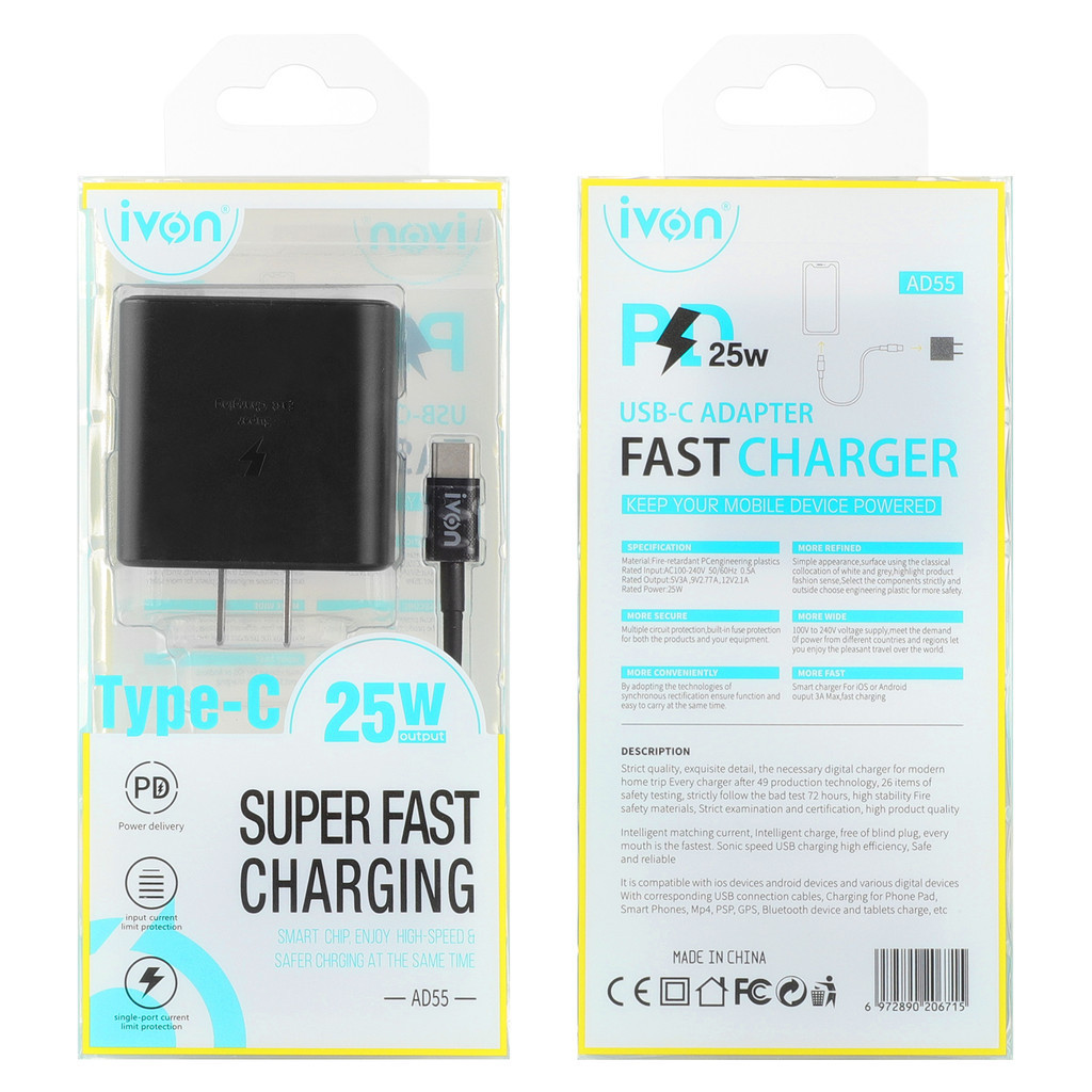IVON AD55 Tpye-C Single Port Mobile Phone Charger with Cable PD22