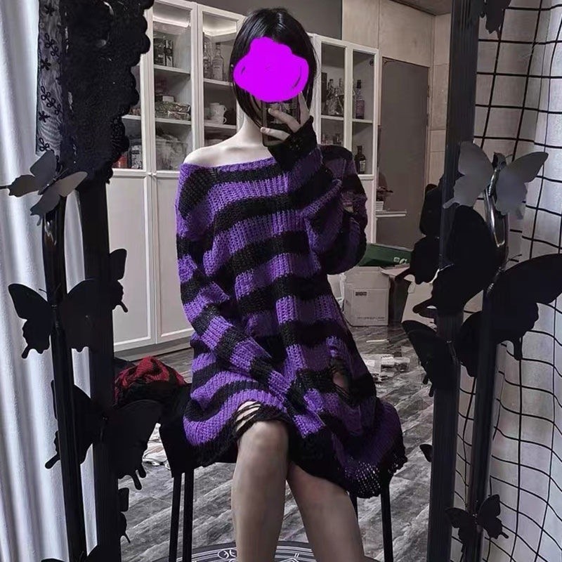 Karrcat Punk Gothic Long Sweater Women Dark Aesthetic Striped Pullovers ...