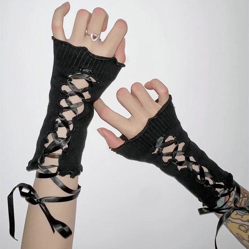 Women Lolita JK Lace Fingerless Gloves Black Gothic Sunscreen Sleeve ...