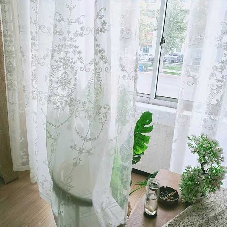 Puting Manipis Embroidered Para Na Silid Simi Araw Kurtina Sliding ...