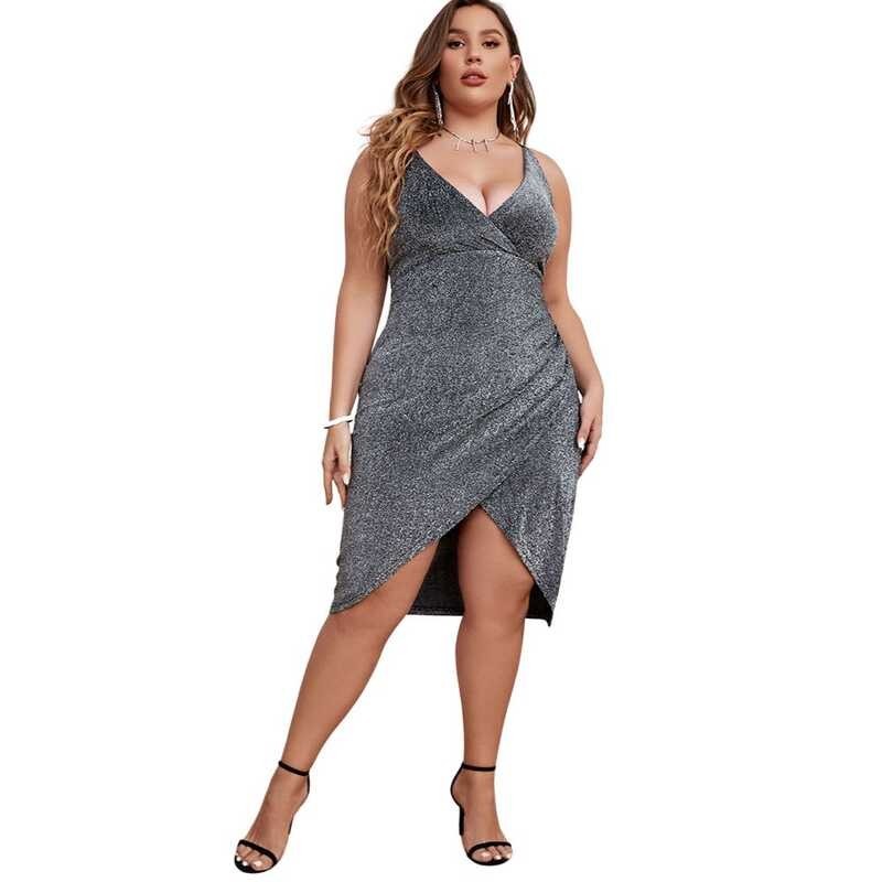 Pyl Plus Size Womens V Neck Sequin Slip Bodycon Dresses Ladies Slim Fit Pleated Wedding Party