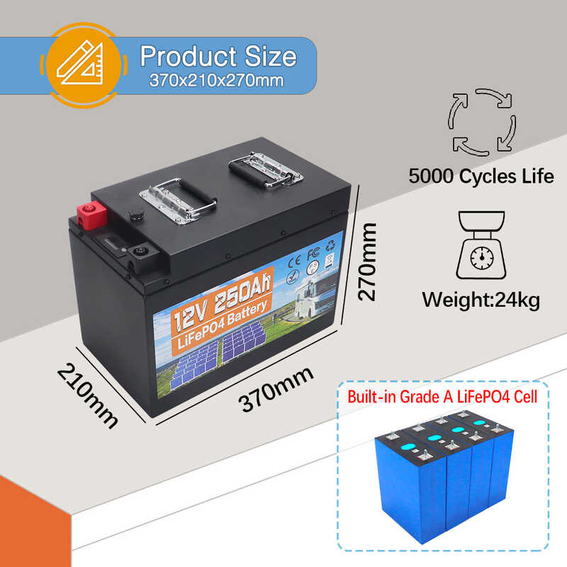 Lifepo4 12V 250Ah Lithium Iron Phosphate Battery Built-In BMS For ...