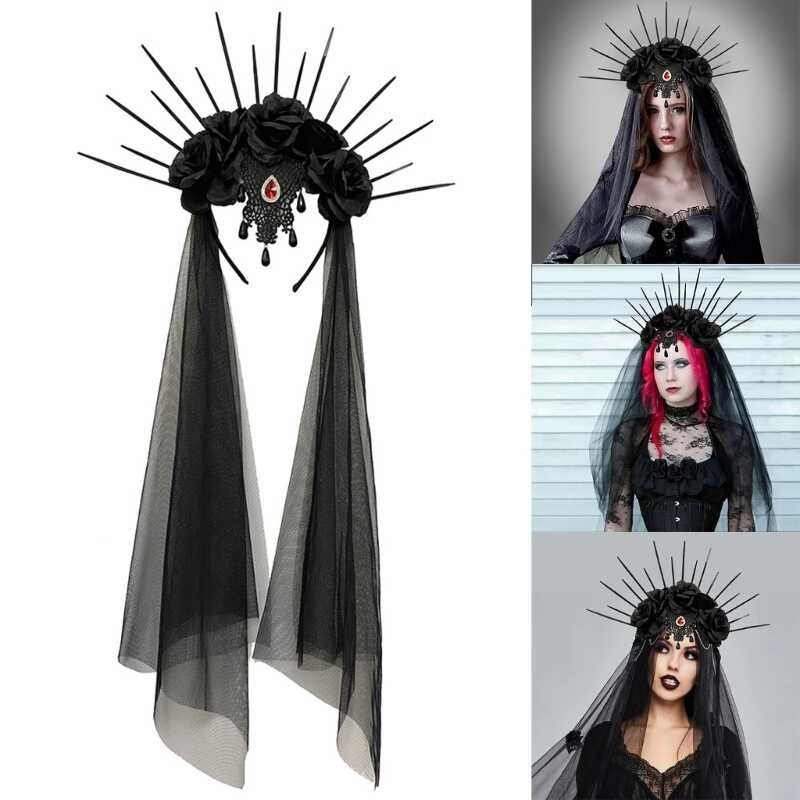 9 Halloween Long Veil Crown Headband Day Of The Dead Gothic Flower 