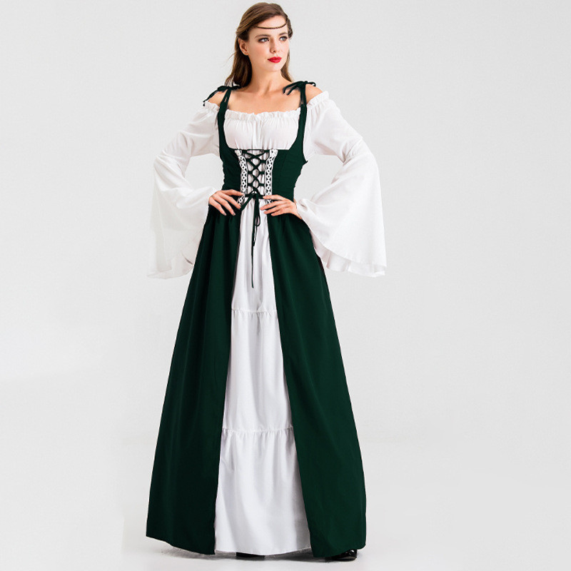 Medieval Costume For Womens Trumpet Sleeve Irish Shirt Dress With Corset Traditional Dress Halloween Women M Cosplay Costumes Gothic Retro Long Sleeve Corset Dress Dresses with Stripes, khaki