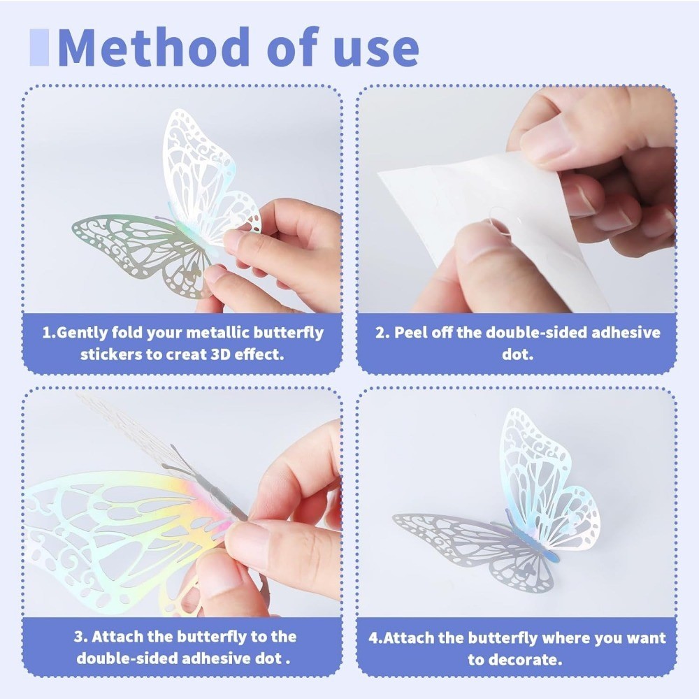 12PCS 3D Laser Colorful Silver Butterfly Wall Decor Metallic Butterfly ...