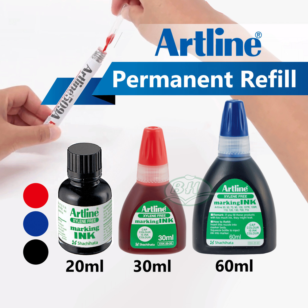Artline Permanent Ink Refill (Marking Ink) 20/30/60ml (Black Blue Red ...