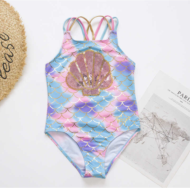 Fishscale Tie-Dyed Child Girl Swimsuit 2024 Shell Embroidery Shinning ...