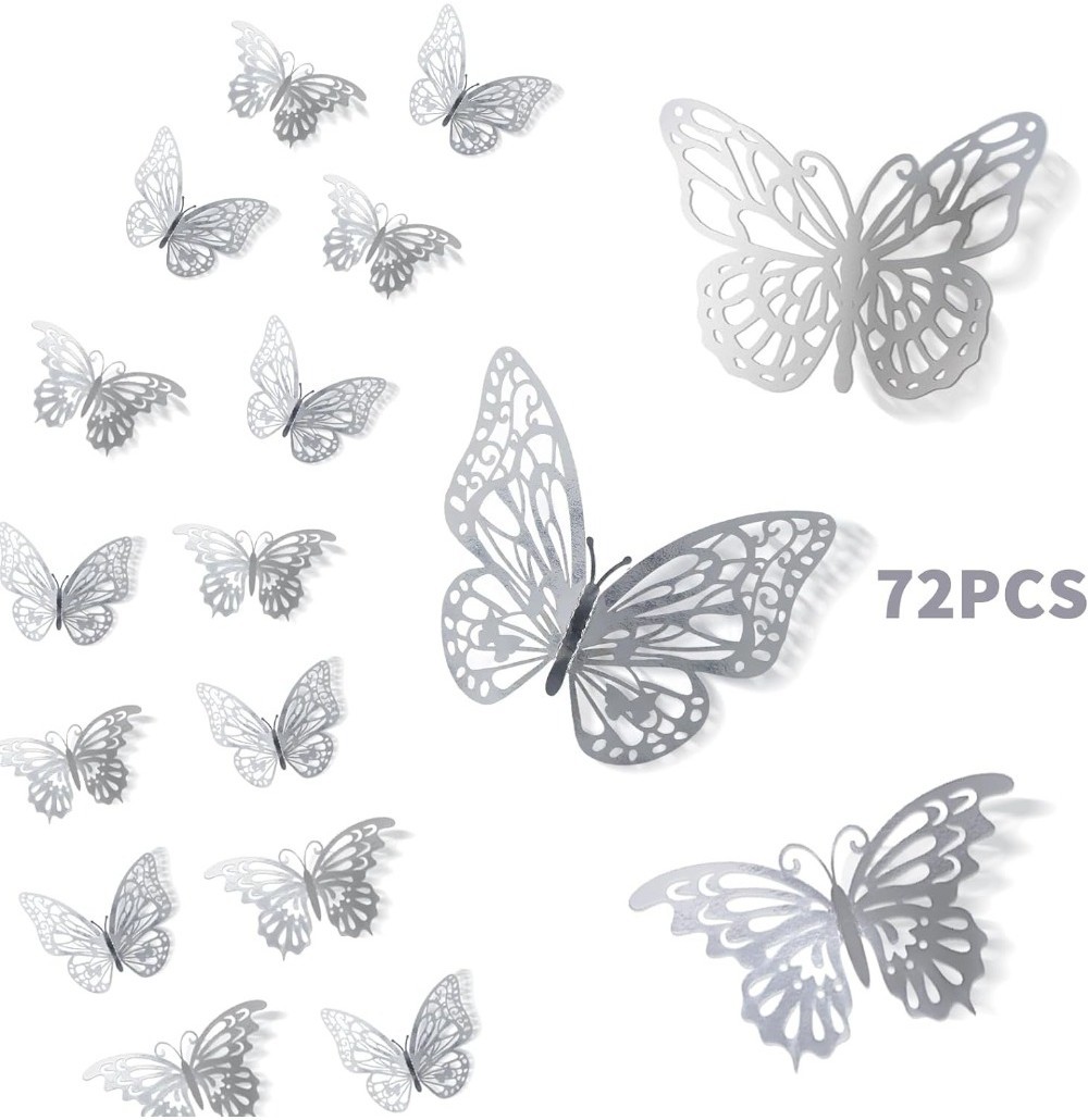 12PCS 3D Laser Colorful Silver Butterfly Wall Decor Metallic Butterfly ...