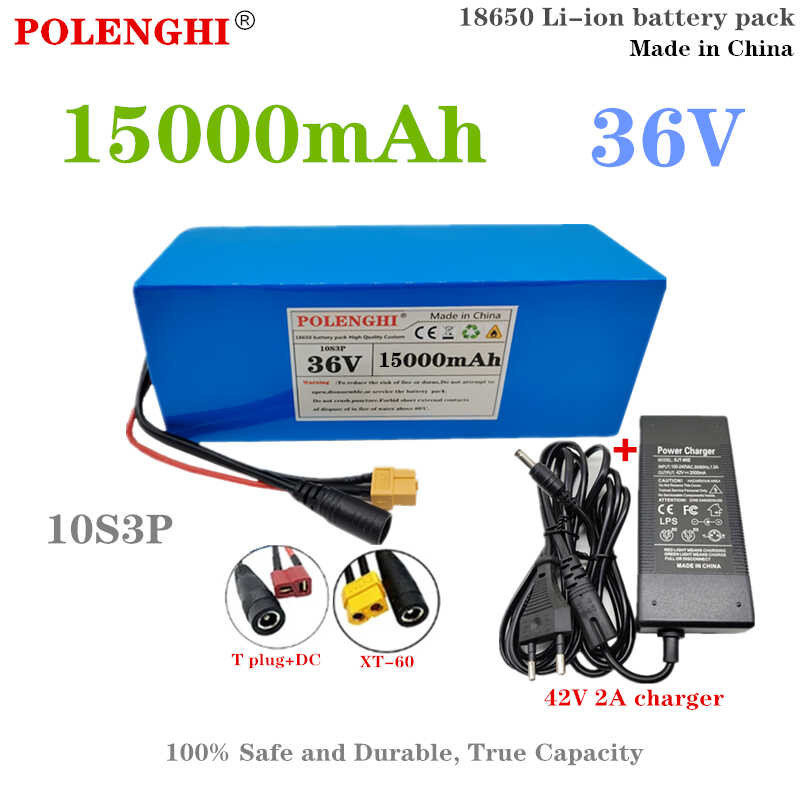 Batterie Lithium-Ion 36V 20Ah 10S3P Pour Vélo électrique – Étanche Avec BMS, Chargeur 42V 2A Inclus – XT60+JST – Jusqu’à 800W