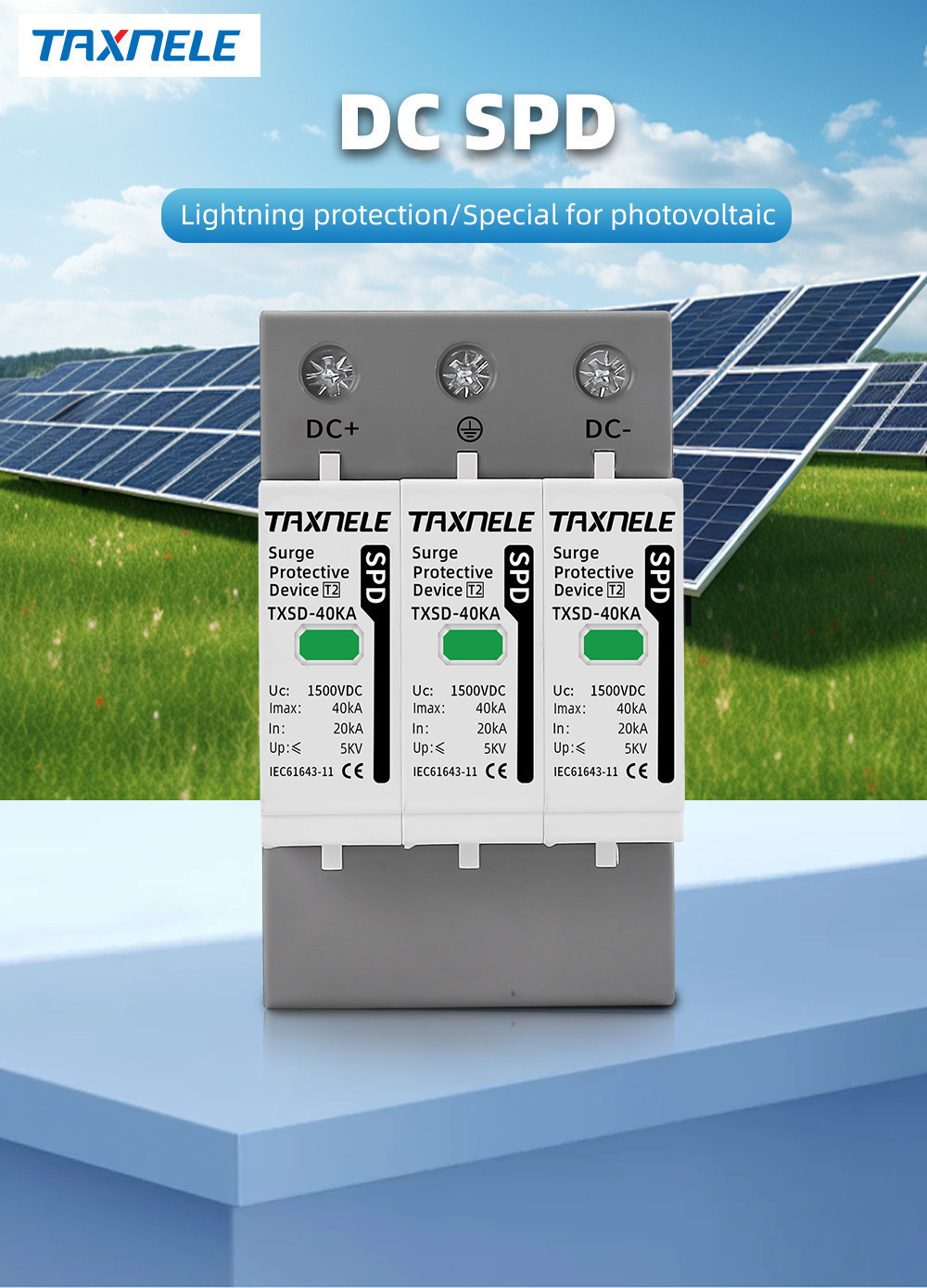 DC SPD Surge Protector PV Photovoltaic 3P 1000V 1500V 40KA Surge ...