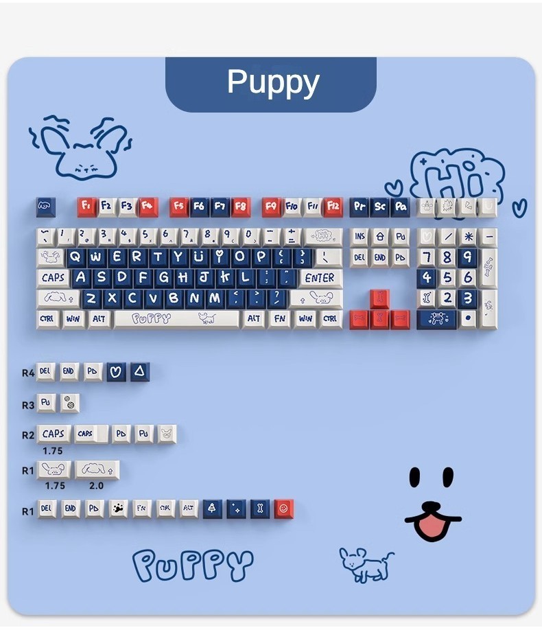 PBT Dye Sublimation White Blue Cartoon Keycaps Puppy's Daily Puzzle Keycaps Cute Type Theme ...