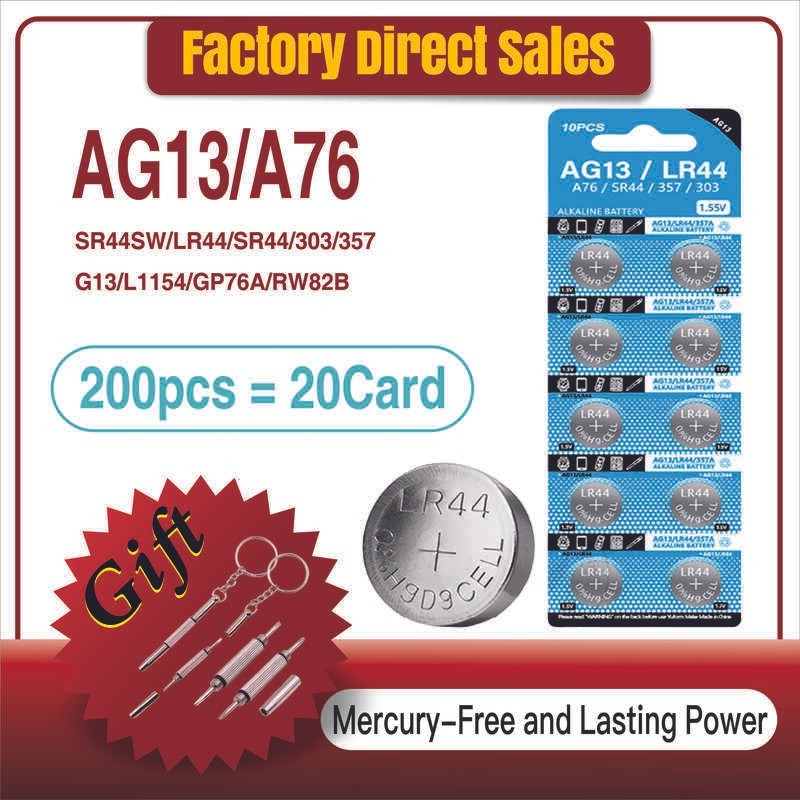 200Pcs Ag13 Coin Cell Battery 1.55V Rw82 Sr1154 Sp76 Lr44 357 357A S76e G13 Alkaline Button