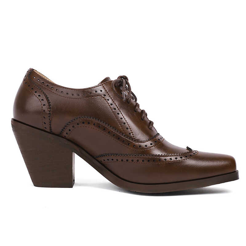 2024 Lace Up Quality Pointed Toe Vintage Brown Brogue Shoes Women Square High Heels Pumps