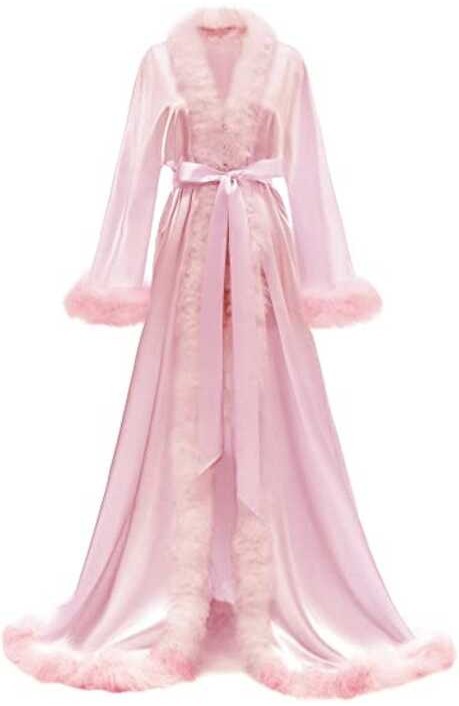 Satin Fur Women's Nightgown Bathrobe Sleepwear Feather Bridal Robe With ...