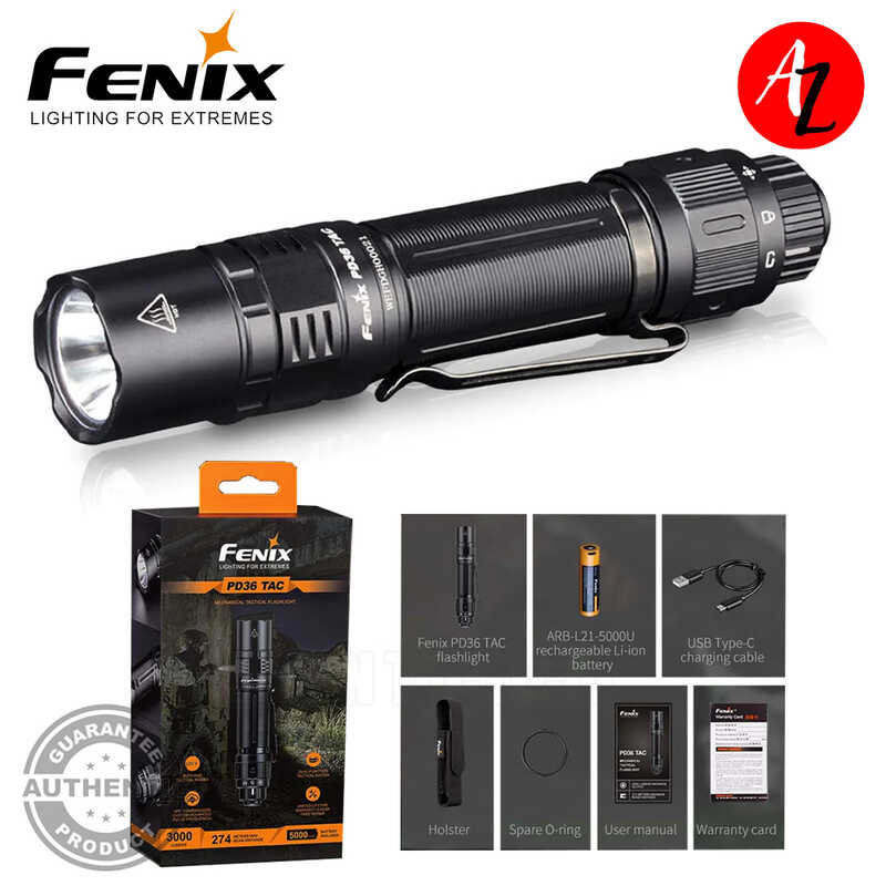 Fenix PD36 TAC Tactical Flashlight - 3000 Lumens, Includes 2x USB-C Rechargeable Batteries-498160