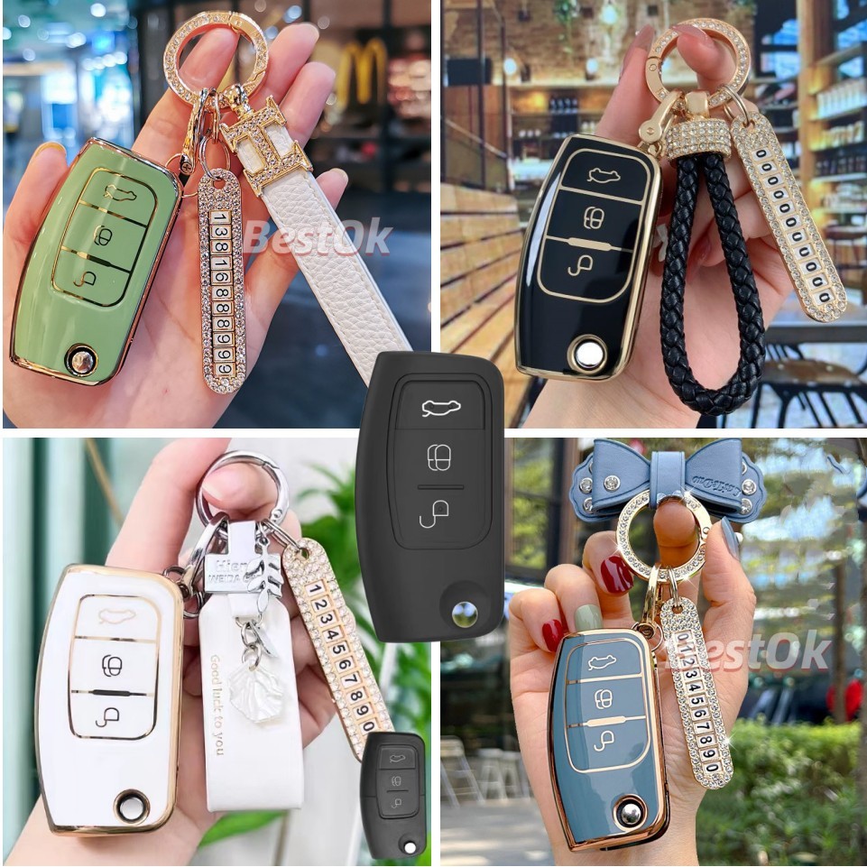 Gold edge TPU case for 3-button car key with keychain for Ford Ranger ...