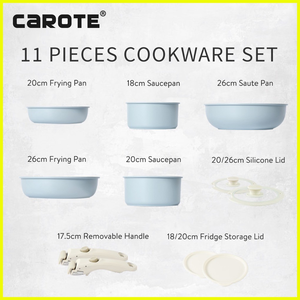 ♟ CAROTE Non Stick Frying Pan Cookware Set 11 Pcs Handle Removable Pfoa