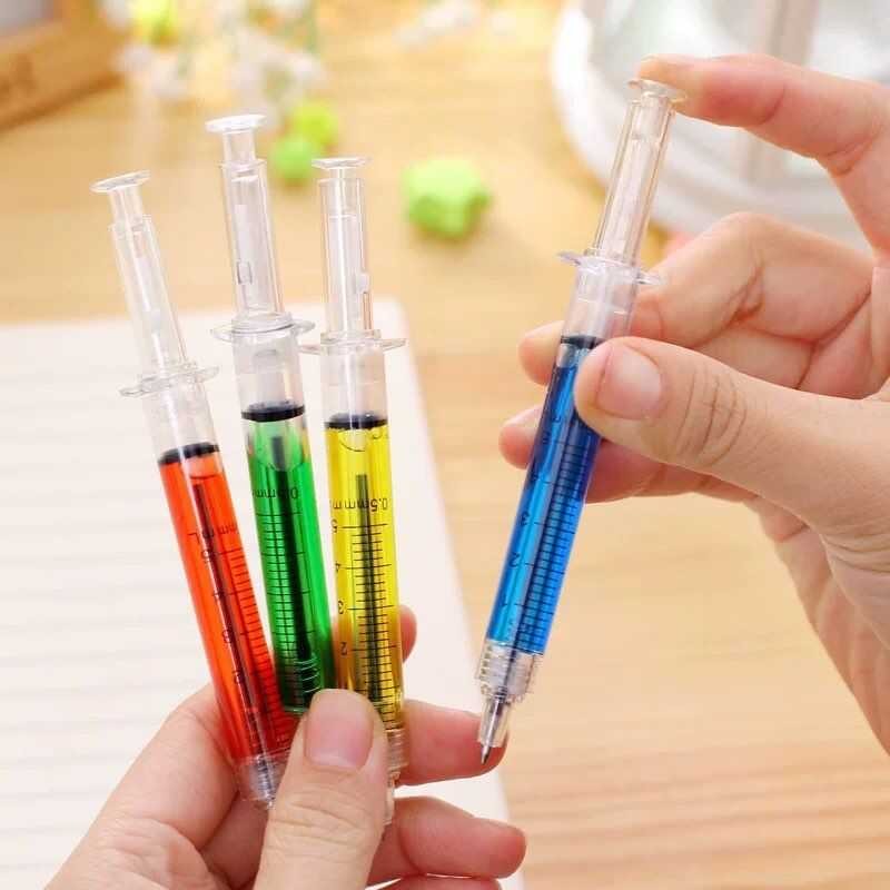 10Pcs Colored Liquids Syringe Inject Ball Point Pen Black Ink E0e 9Fa ...