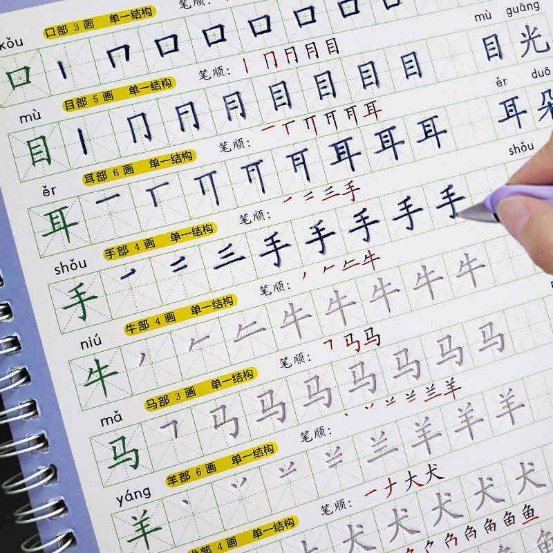 4pcs/set Second Grade Chinese Characters Calligraphy Copybook Han Zi Miao Hong 3D Reusable Groove Copybook Writing For Beginner Free Writen Pen I3736249472