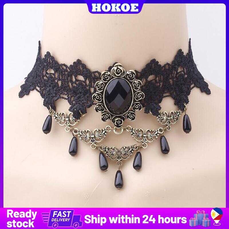 Black Lace Necklace Collar Choker Multilayer Crystal Velvet Victorian ...