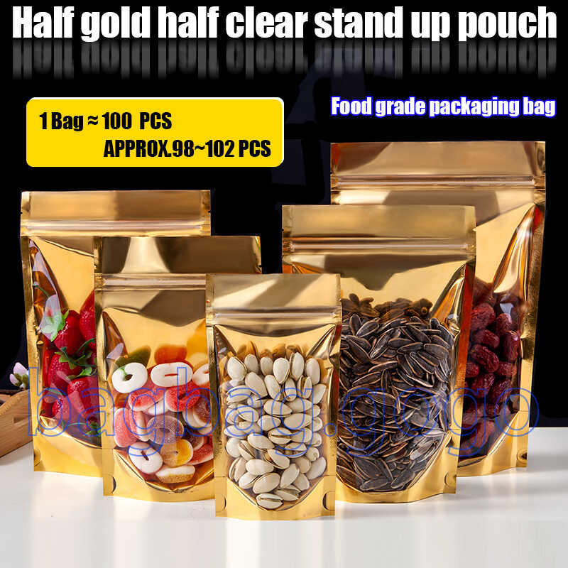 100PCS Food seal pocket/Half Gold Aluminum Half Stand Up with Zip Lock