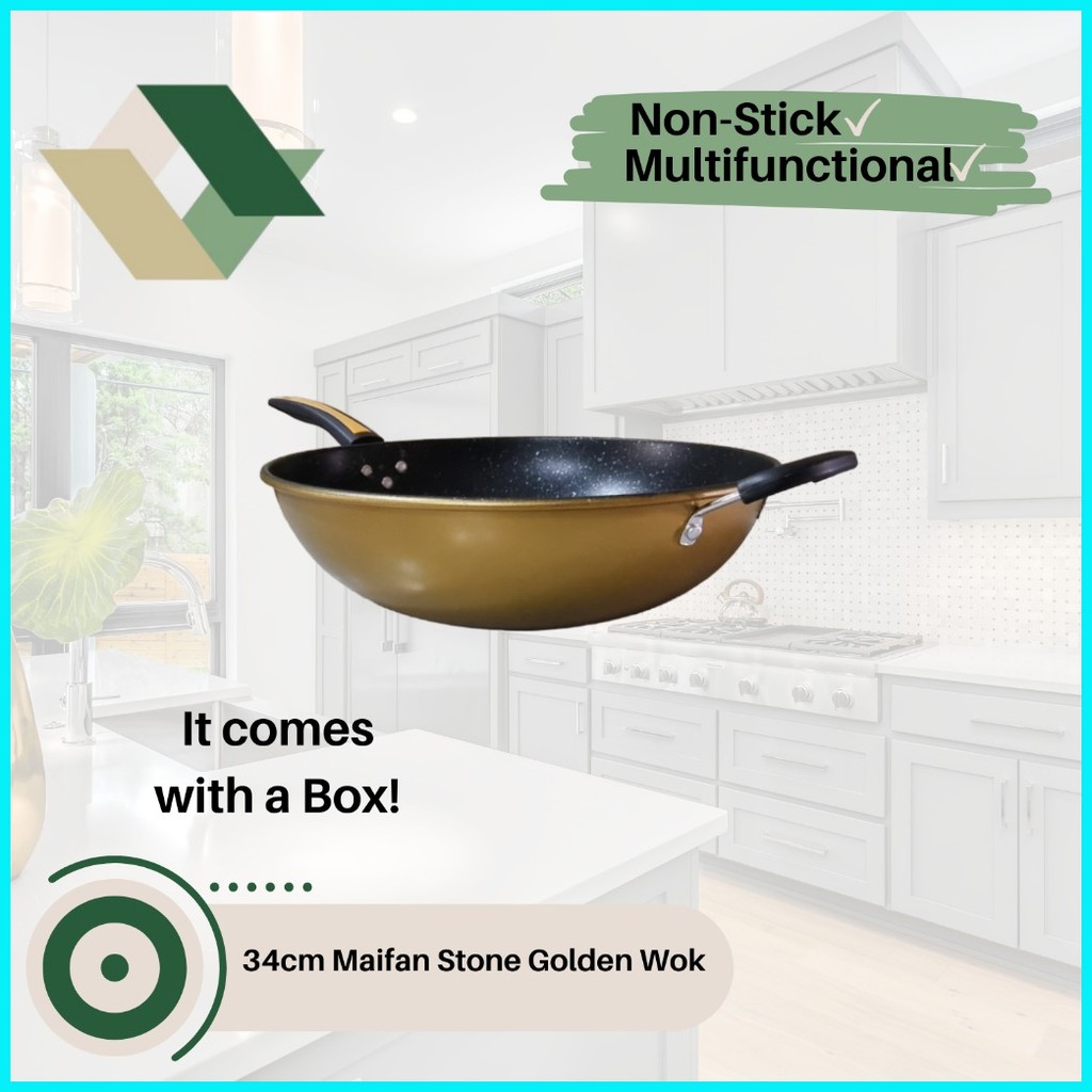 QHIT 34cm Non Stick Maifan Stone Wok Green, Red, Gold, Black | Shopee ...