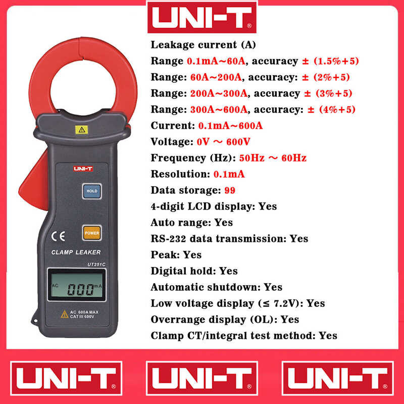 M Uni-T Clamp Meter Ut251c 600A Pliers Ammeter High Sensitivity Leakage ...