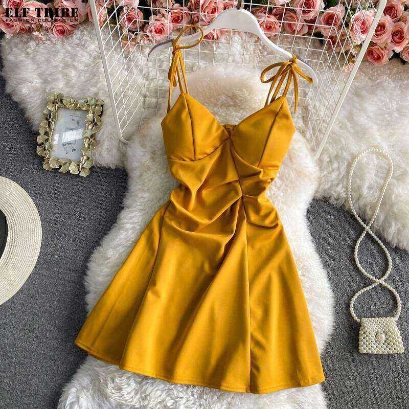 Slip ELF TRIBE Maikling Isang Linya Dress Celebrity Temperament Walang