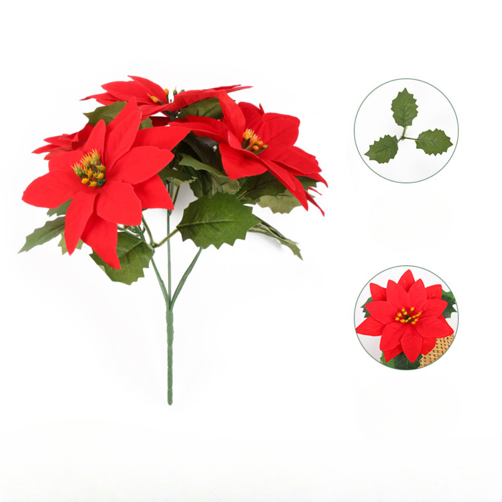 Poinsettias Artificial Christmas Flowers Bouquet 5 Heads 15.7” Red ...