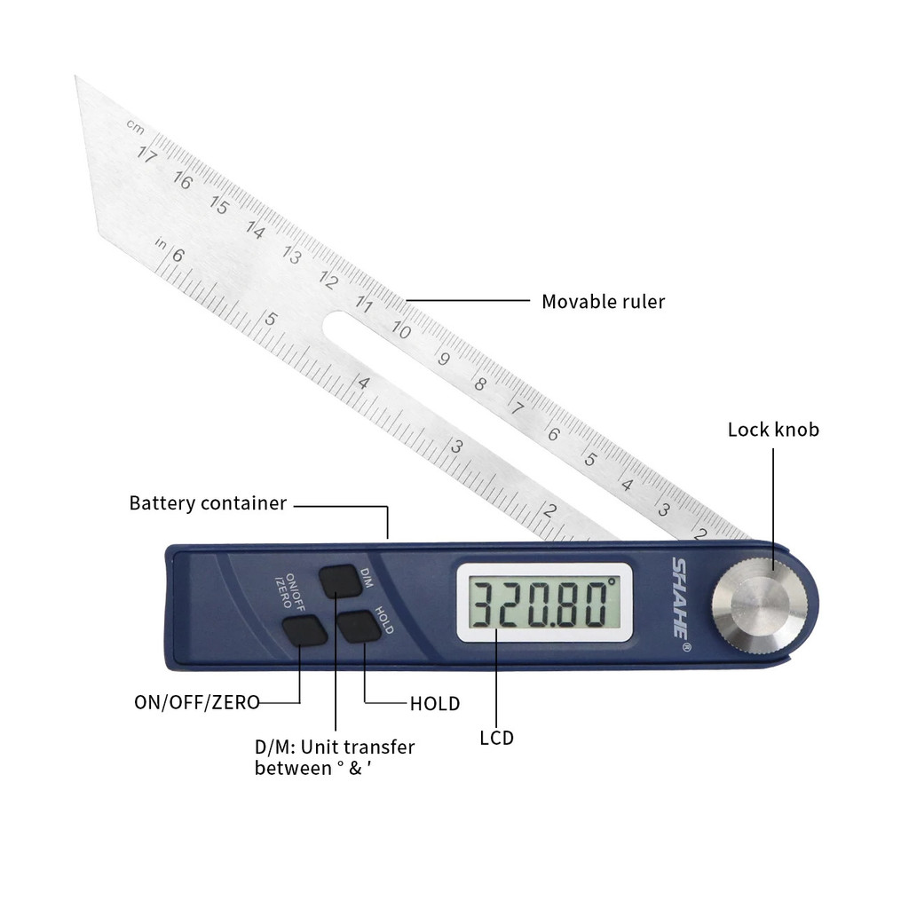 SHAHE Sliding T-Bevel Ruler Protractor Stainless Steel Blade 0-360 ...