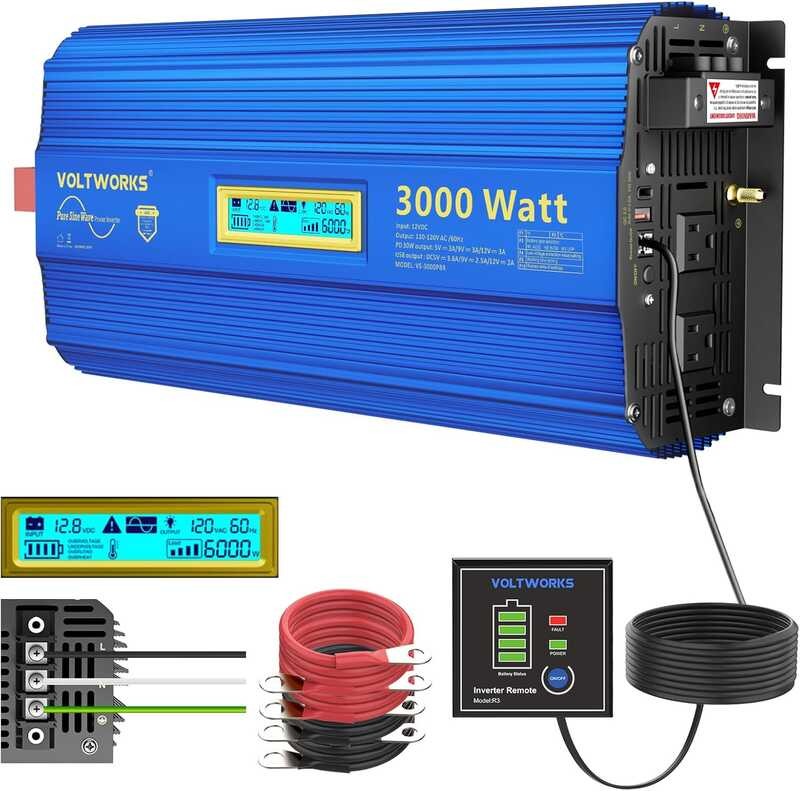Emergency Power Inverter ROARBATT 3000W Power Inverter 12V To 110V/120V AC - 6000W Peak, 2 AC Outlets, 2.4A USB, LCD Display For Car, RV, Outdoor & Emergency USB Inverter For Car