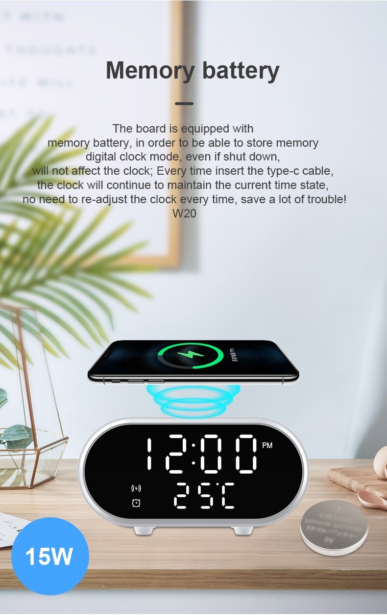 2024 Led Display Digital Alarm Clock With Qi Wireless Charger