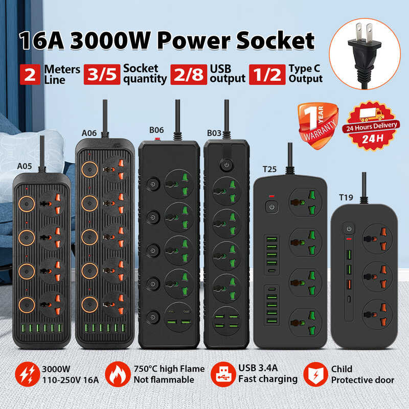 Sa Gift 3000W US Extension Wire na may USB Ports Heavy MultiFunction ...