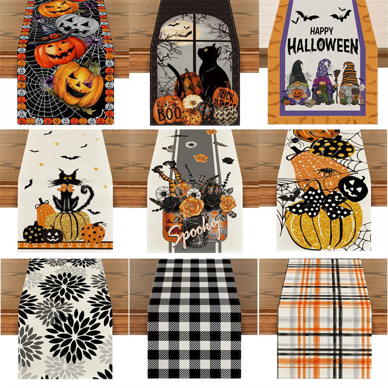 Halloween Decorations Table Runner for Home Pumpkin Bat Flag Cloth