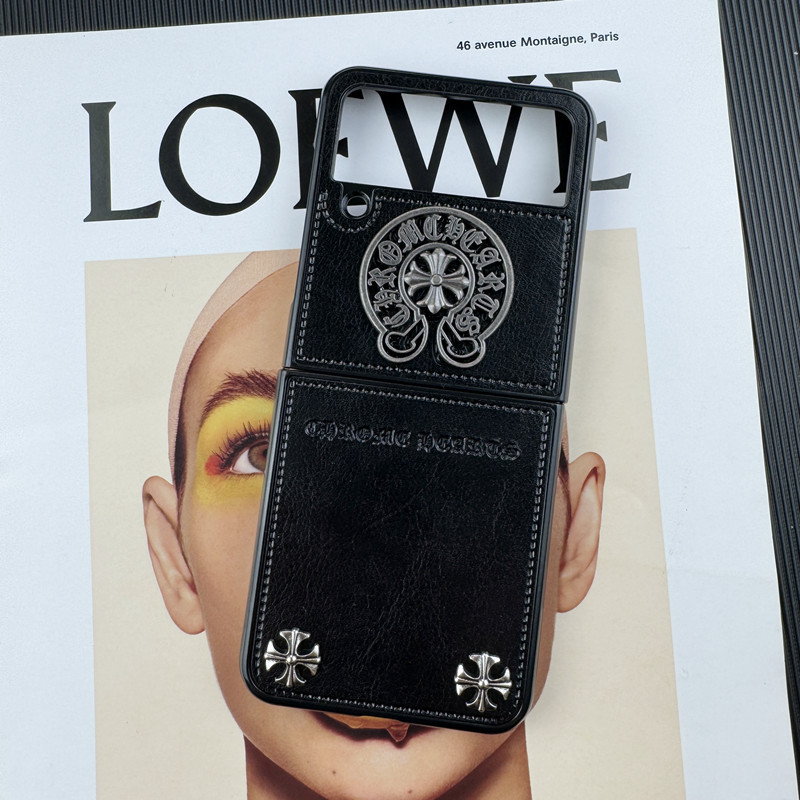 Fashion Chrome Heart Leather Case For Samsung Galaxy Z Flip 6 5 4 3 2