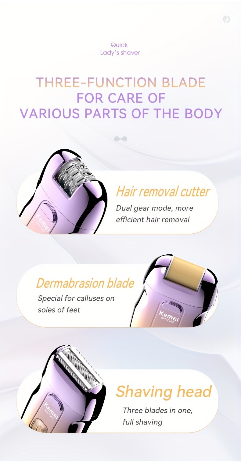 KEMEI 3-in-1 Electric Epilator Facial Cleaning Cordless Rechargeable ...