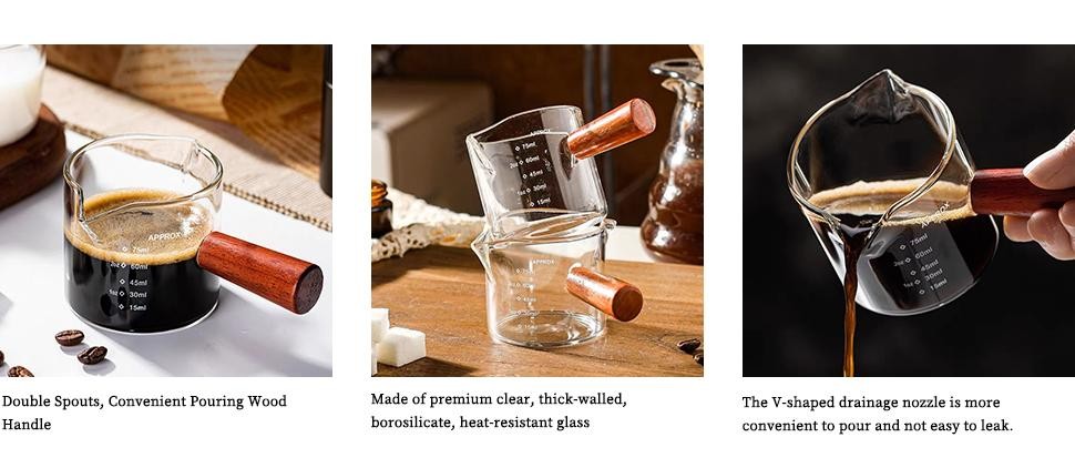 2 Pack Espresso Measuring Cups Glass Double Shot Glass with Wood Handle ...