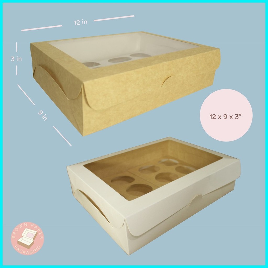 12x9x3 Preformed Cupcake Box with window in packs of 10pcs(Brown Paper ...
