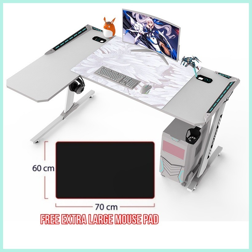 L-SHAPE White Esports Gaming Desk Computer Office Table Desktop RGB LED ...