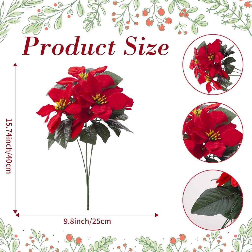 Poinsettias Artificial Christmas Flowers Bouquet 5 Heads 15.7” Red ...