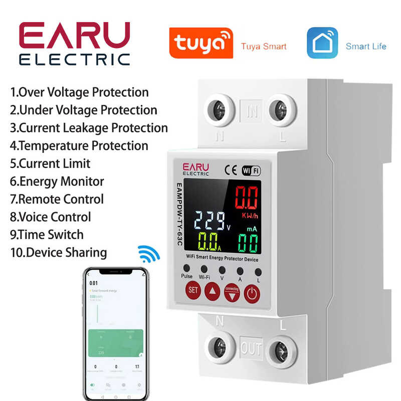 TUYA APP Wifi Smart Color Screen Earth Leakage Over Under Voltage ...