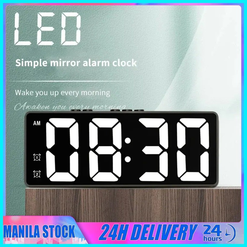 LED Mirror Table Clock Digital Alarm Snooze Display Time Desktop ...
