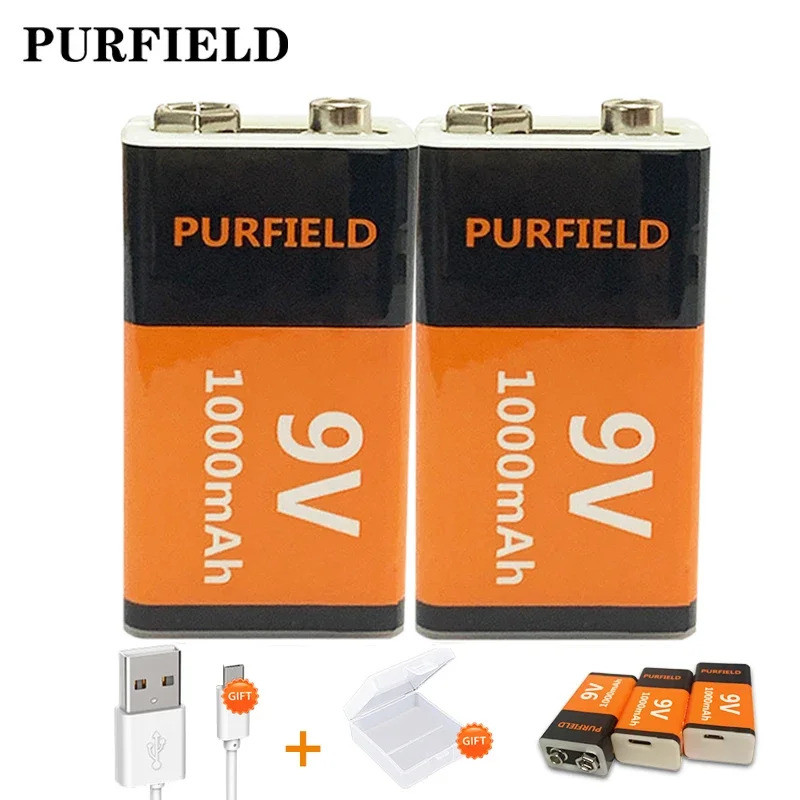 PURFIELD 1000Mah TypeC USB 9 Volt LiIon Rechargeable 6F22 9V Lithium